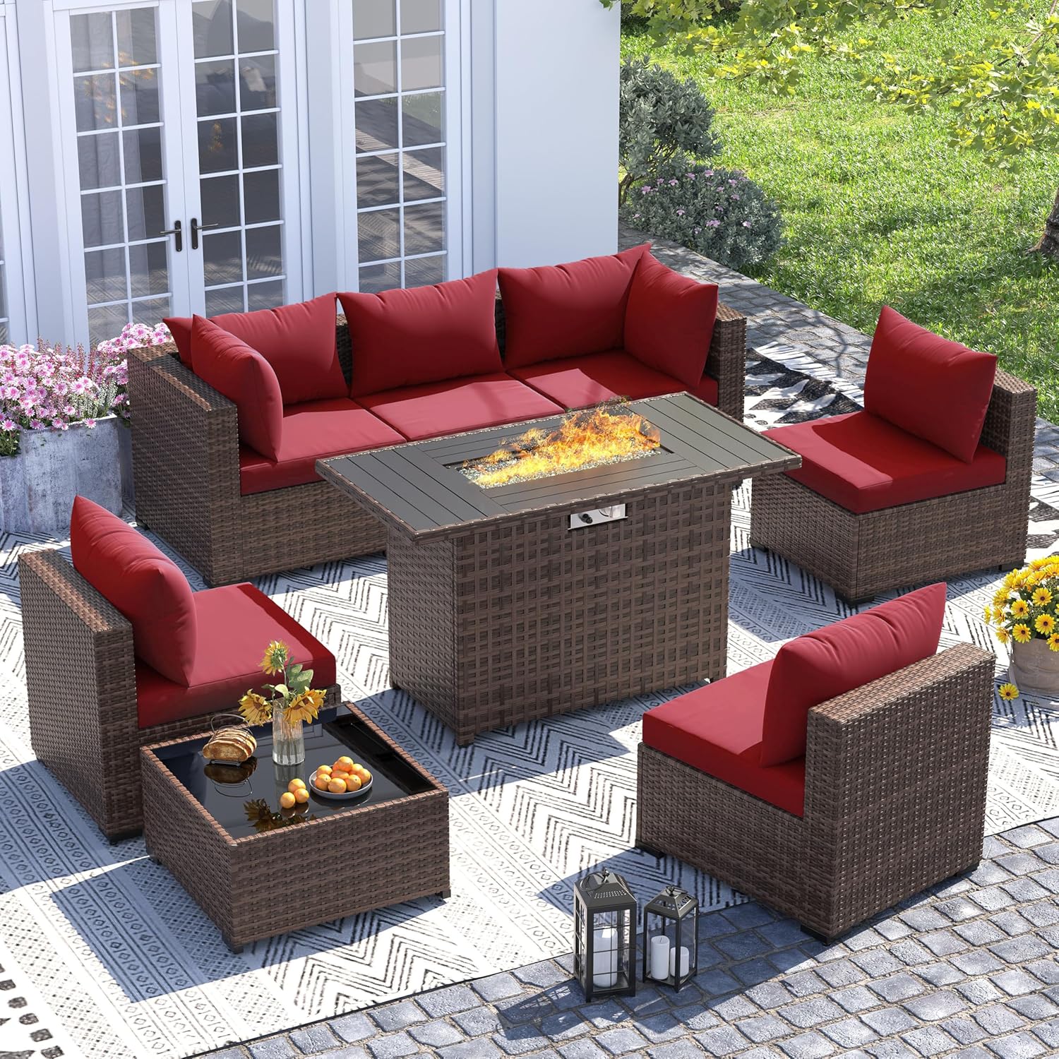 Outdoor Furniture Fire Pit - 8pc All-Weather Wicker Sectional Sofa &