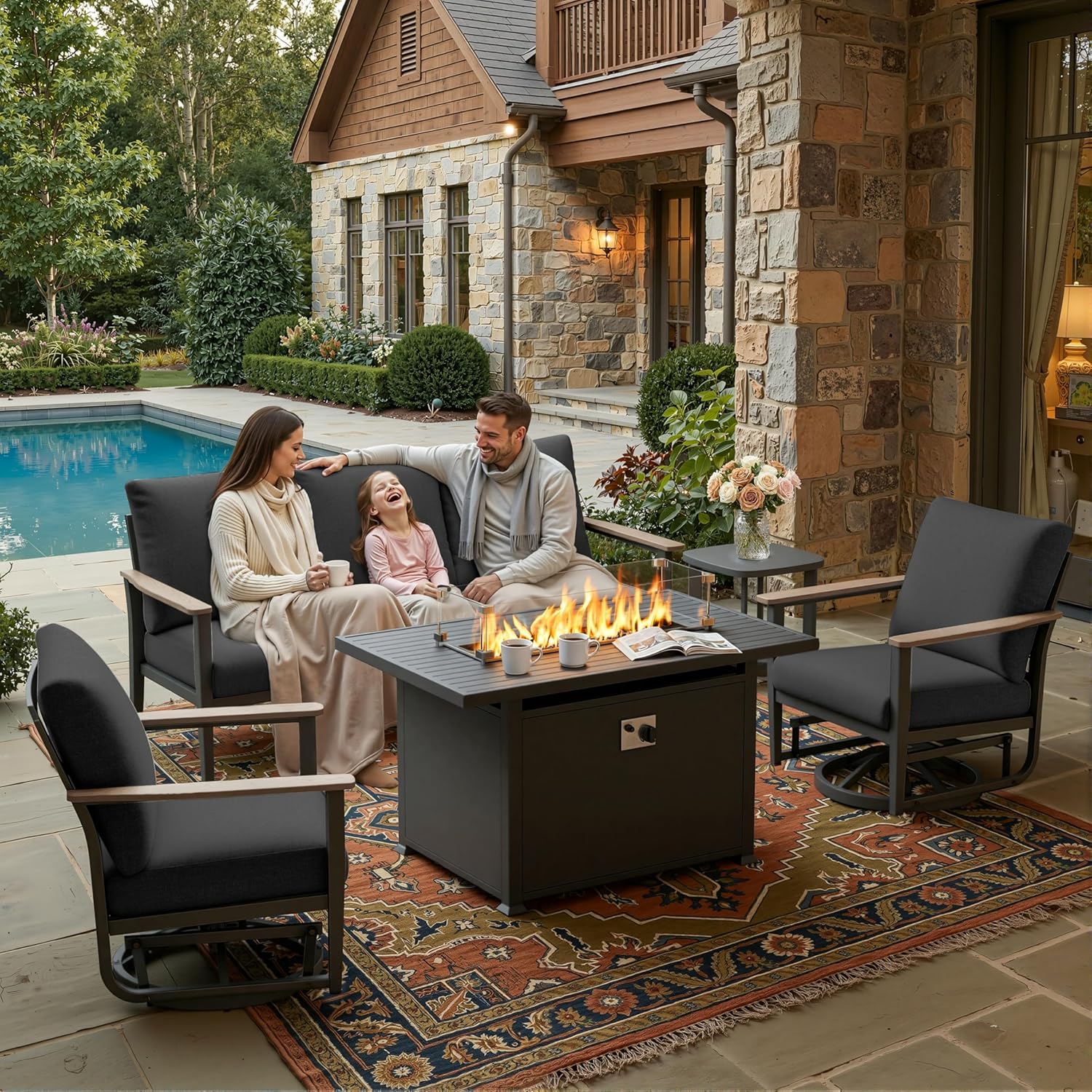 Outdoor Furniture Fire Pit - 5pc Aluminum Patio Set Swivel Rockers